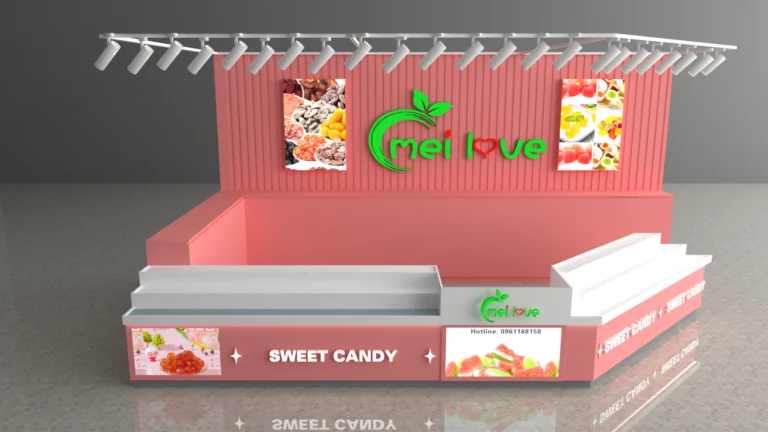 Phối cảnh cận cảnh mặt trước quầy kiosk Mei Love màu hồng và trắng