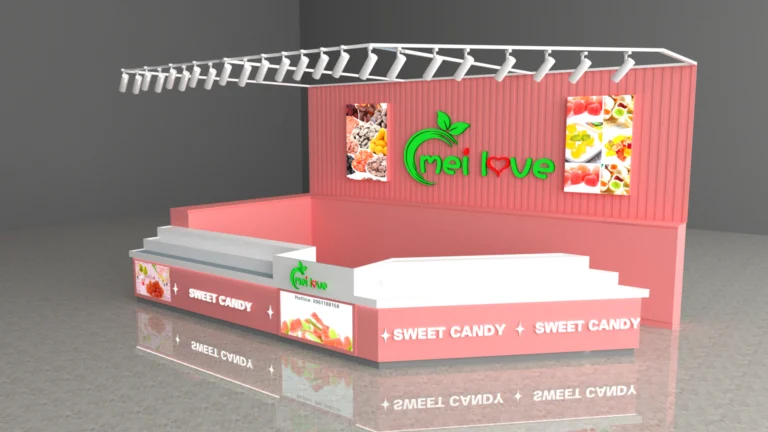 Thiết kế kiosk Mei Love nhìn từ bên phải với mặt quầy Sweet Candy tại địa phương