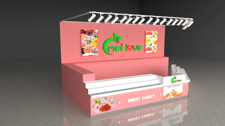 Phối cảnh 3D góc trái quầy kiosk Mei Love với vách hồng và logo xanh