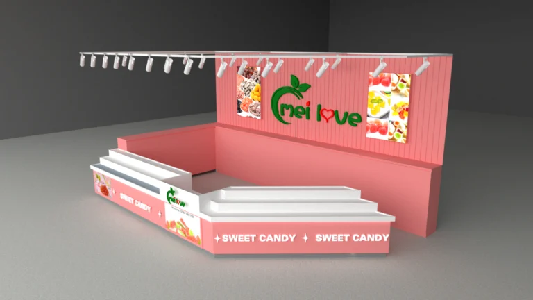 Phối cảnh góc rộng thiết kế quầy kiosk bánh kẹo Mei Love tông hồng