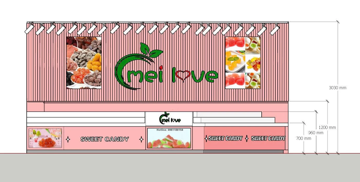 Bản vẽ mặt đứng kỹ thuật quầy Sweet Candy có logo và dải chữ tại khu vực lắp đặt