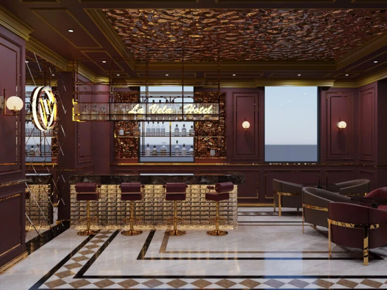 Phối cảnh tổng thể quầy bar cổ điển tông đỏ, ghế quầy, kệ chai có đèn và nền sàn sáng
