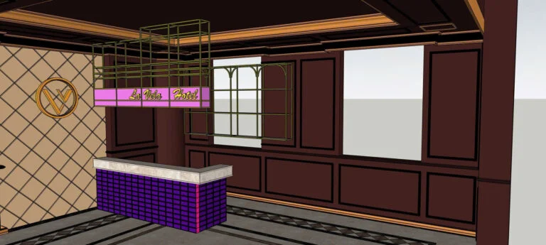 Phối cảnh 3D quầy nhỏ mặt chia ô màu tím, khung treo phía trên và tường đỏ đậm