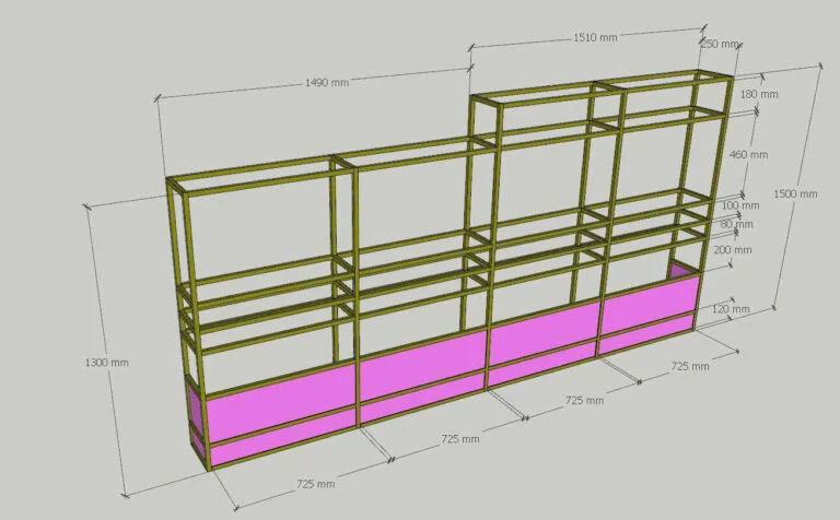 Mô hình 3D hệ khung nhiều tầng bất đối xứng với phần chân màu hồng và đường kích thước